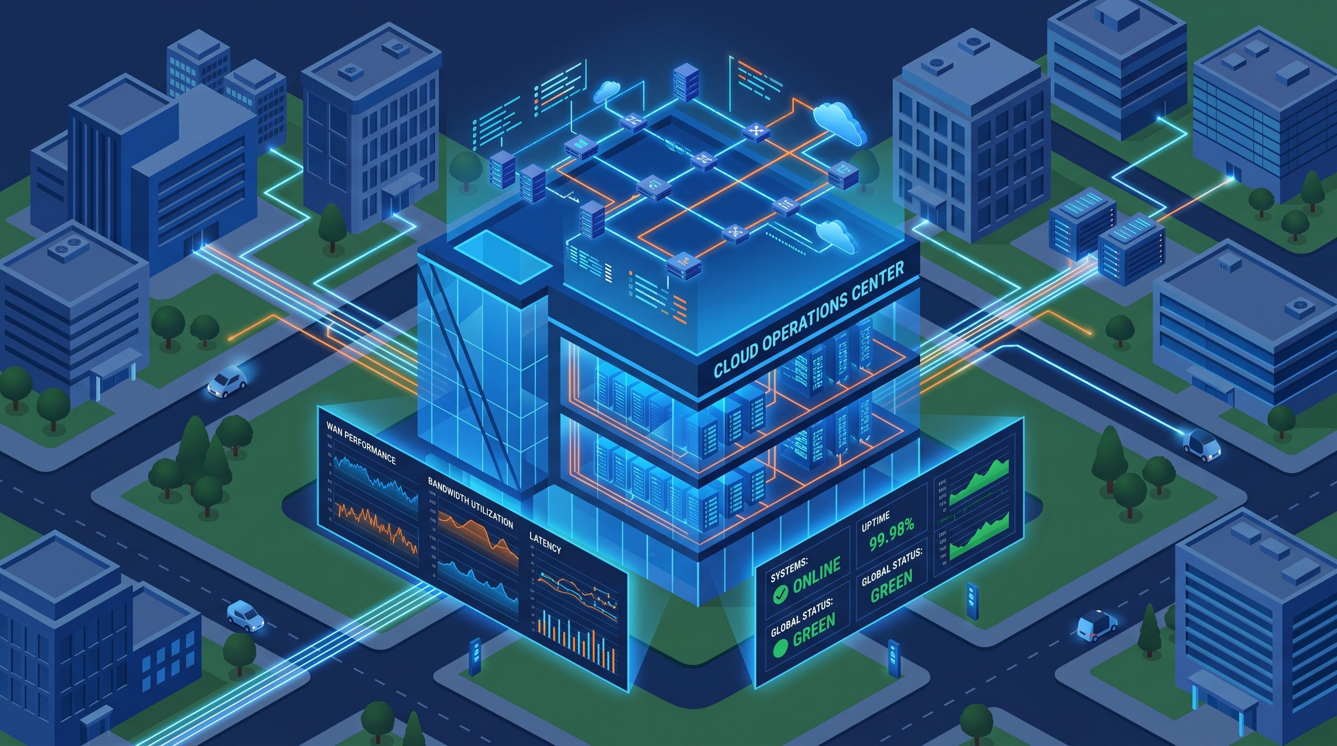 Isometric 3D illustration of a cloud network operations center with Cisco Meraki dashboard monitoring multiple connected office locations
