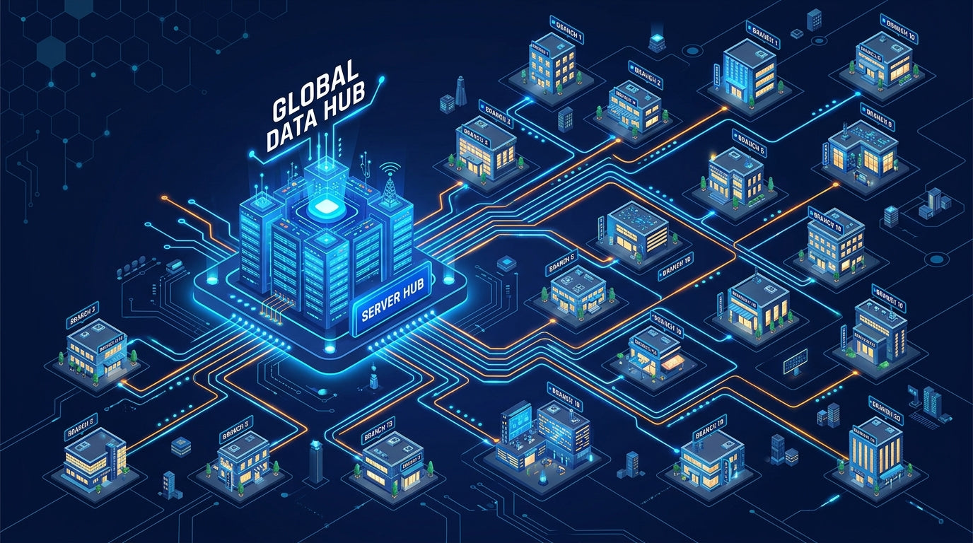 Isometric illustration of a central Cisco Meraki cloud hub connecting multiple branch office locations via glowing network lines