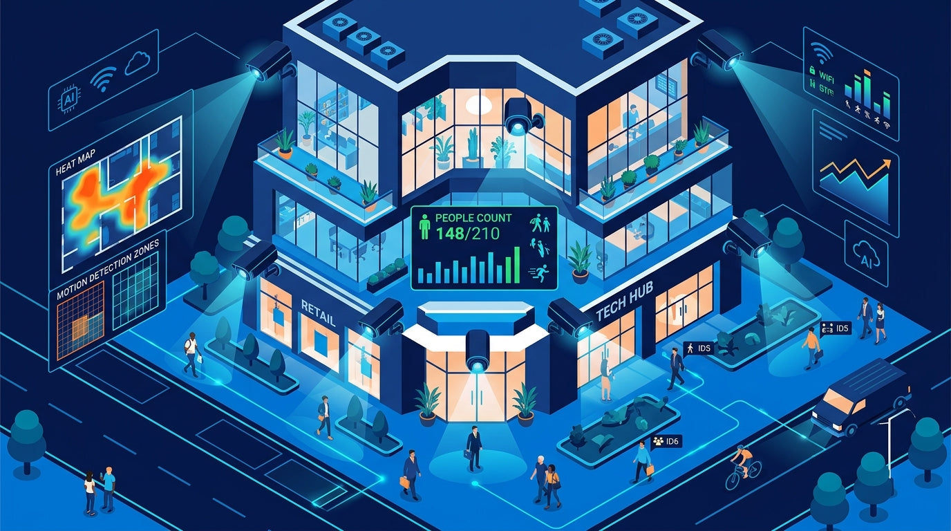 Isometric illustration of a smart building with AI security cameras and analytics overlays
