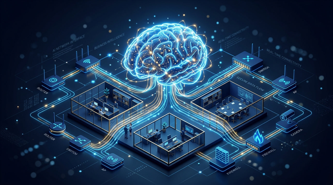 Cisco Meraki AI Assistant neural network visualization with connected devices in deep blue isometric illustration