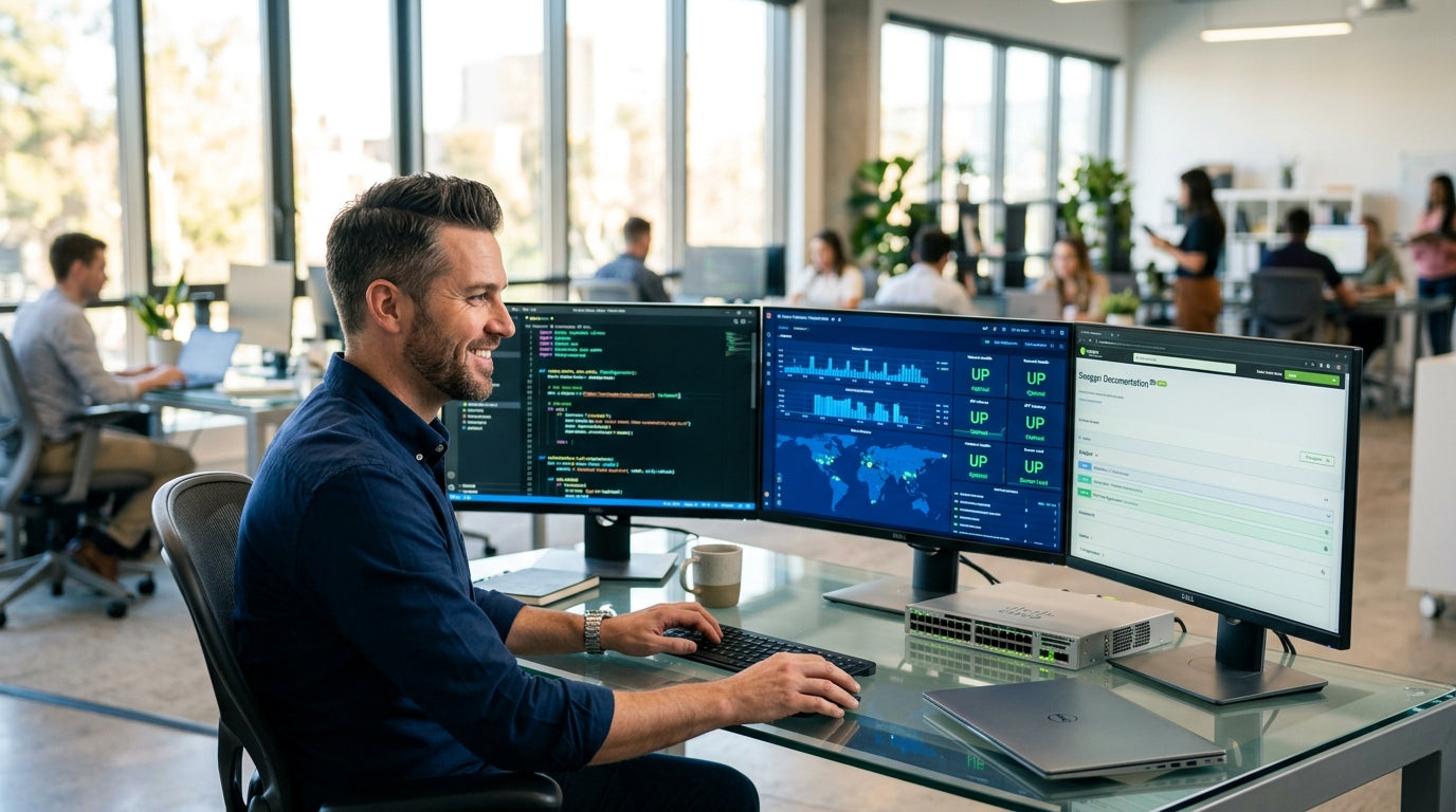 IT manager automating network management with Cisco Meraki Dashboard API on multiple monitors