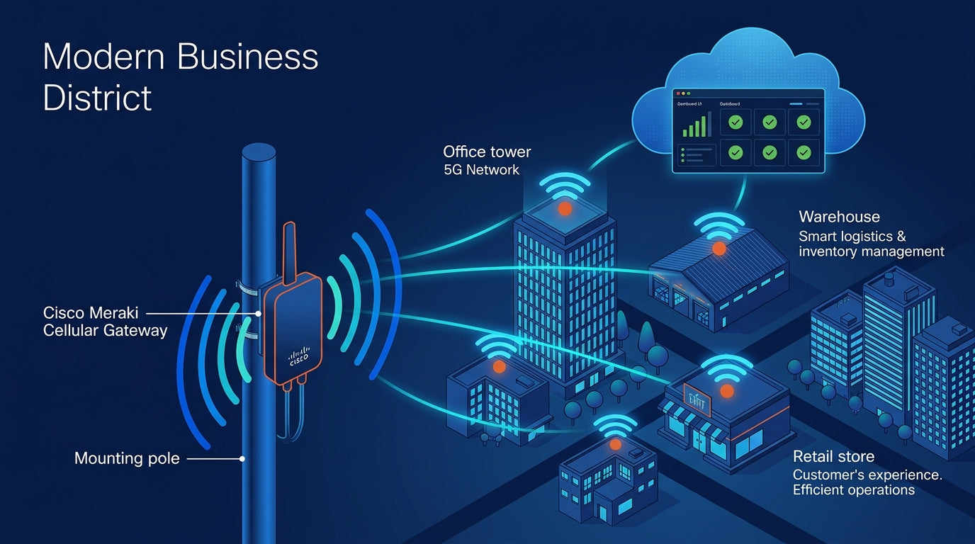 Isometric 3D illustration of Cisco Meraki MG cellular gateway with 5G signals connecting business buildings
