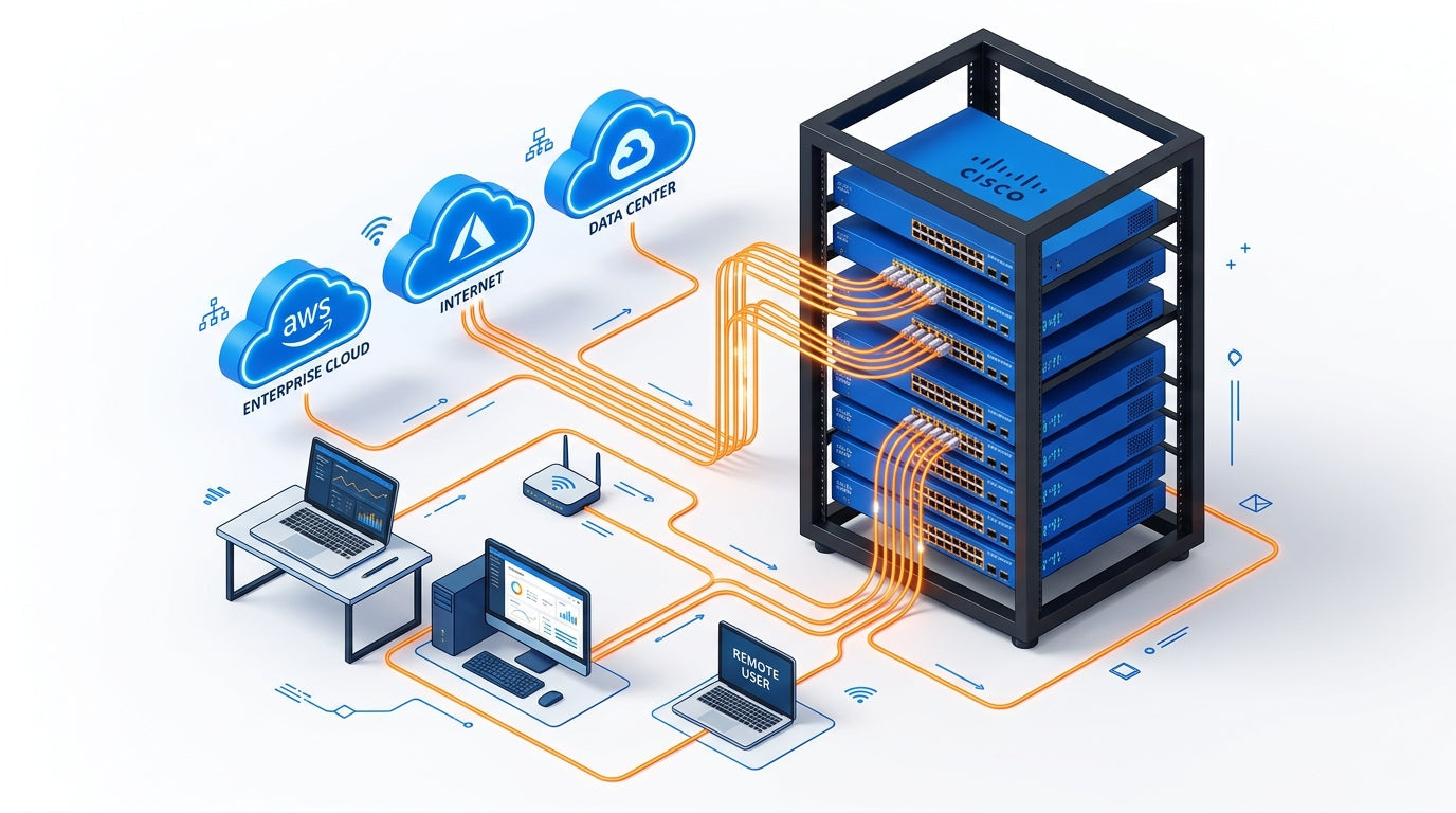 Isometric illustration of Cisco Meraki cloud-managed network switches connected to the cloud