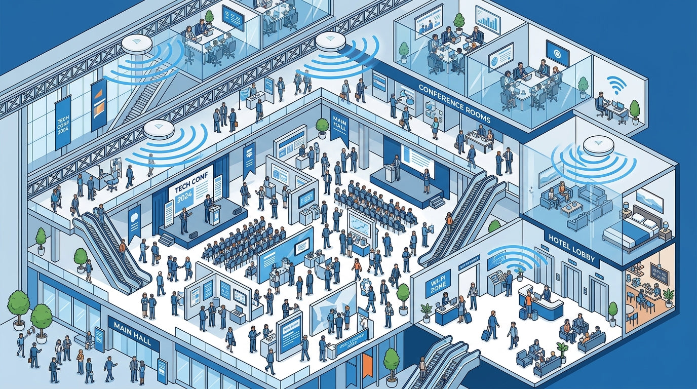 High-density Wi-Fi illustration showing Cisco Meraki access points covering a crowded convention center