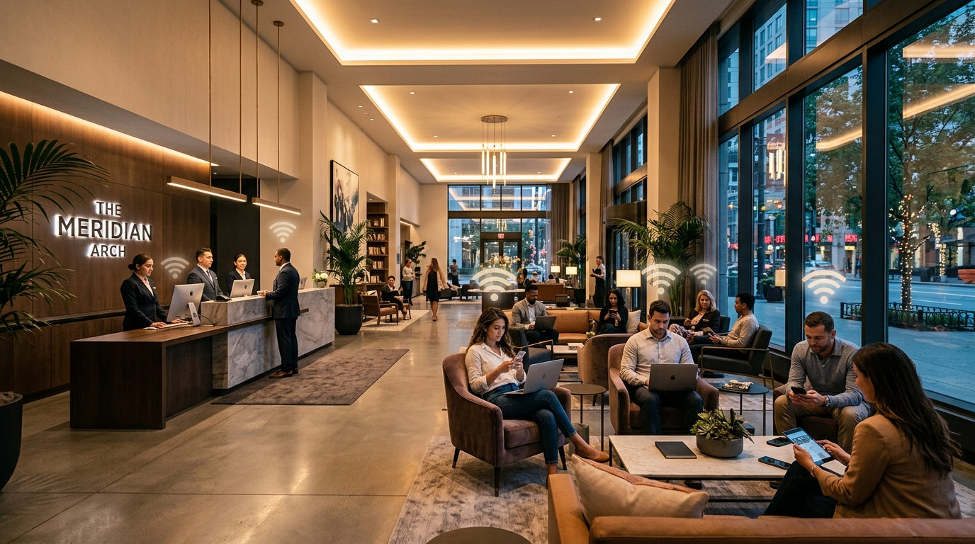 Modern hotel lobby with guests using smartphones and laptops on Cisco Meraki Wi-Fi