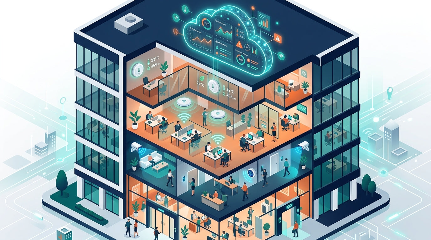Isometric illustration of a smart building with IoT sensors, cameras, and cloud dashboard showing Cisco Meraki intelligent workspace technology