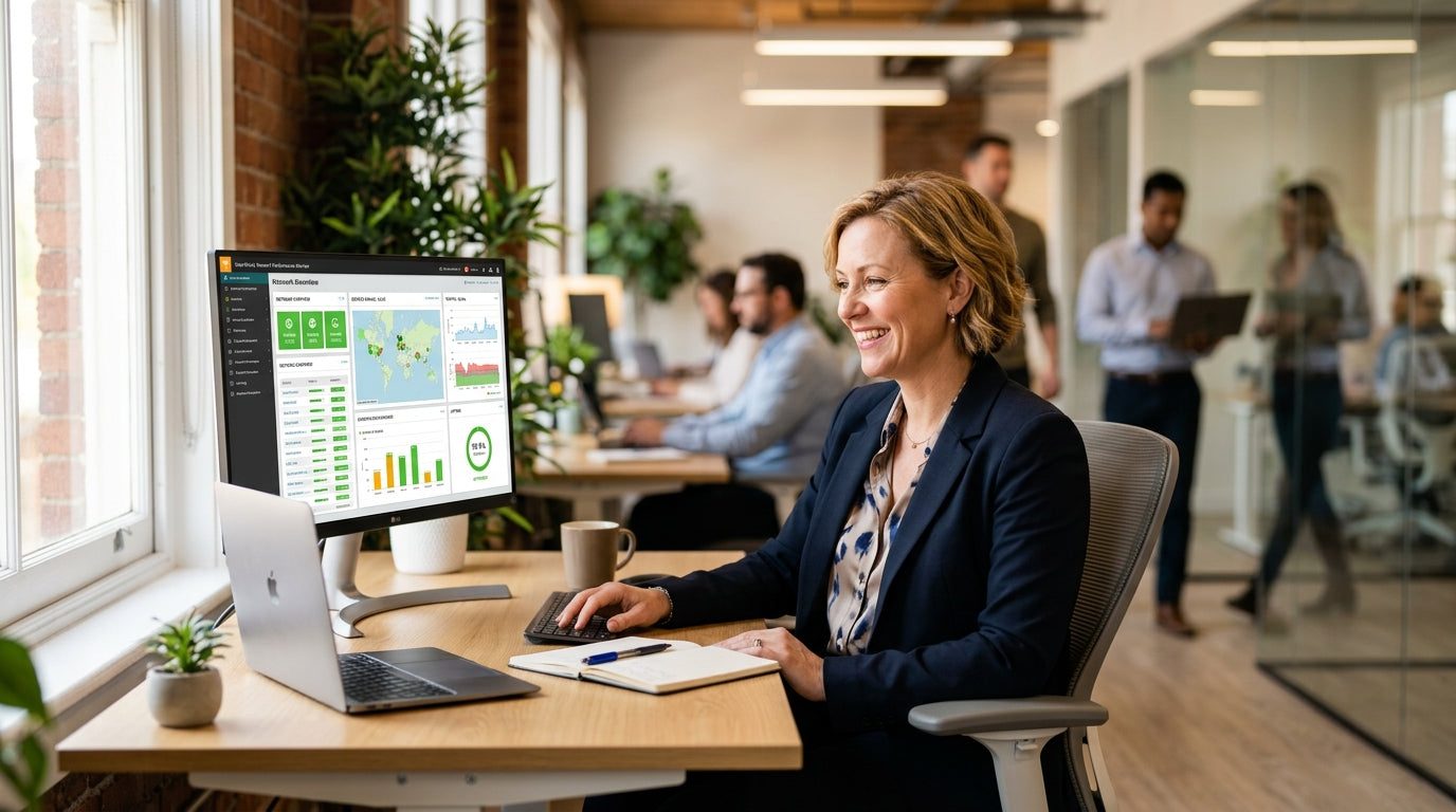 Small business owner confidently managing Cisco Meraki network dashboard
