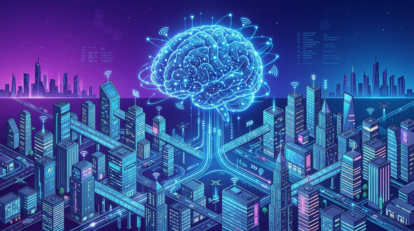 AI-powered network intelligence visualization with interconnected nodes above a smart city