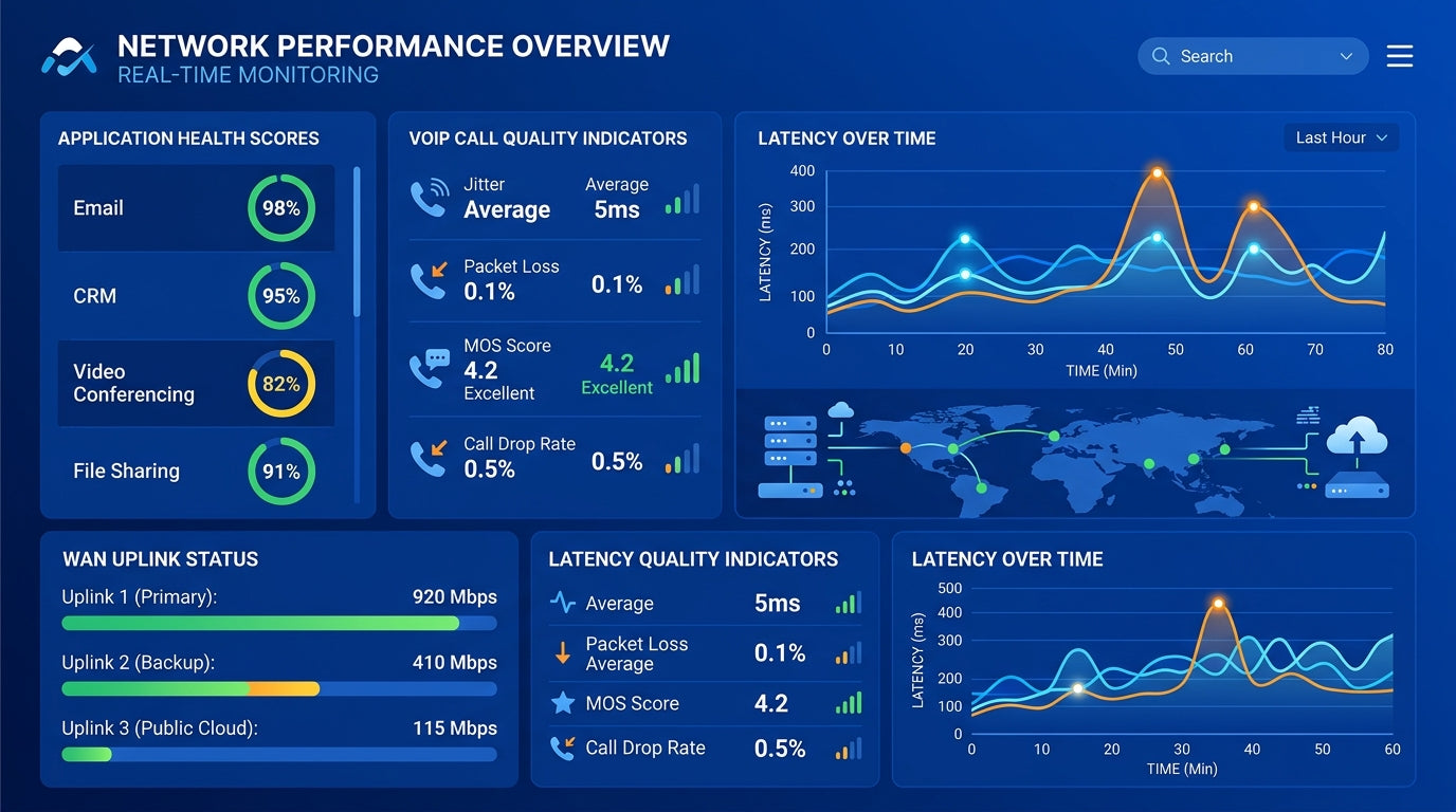 Cisco Meraki Insight dashboard showing application health scores, WAN uplink status, and VoIP monitoring metrics
