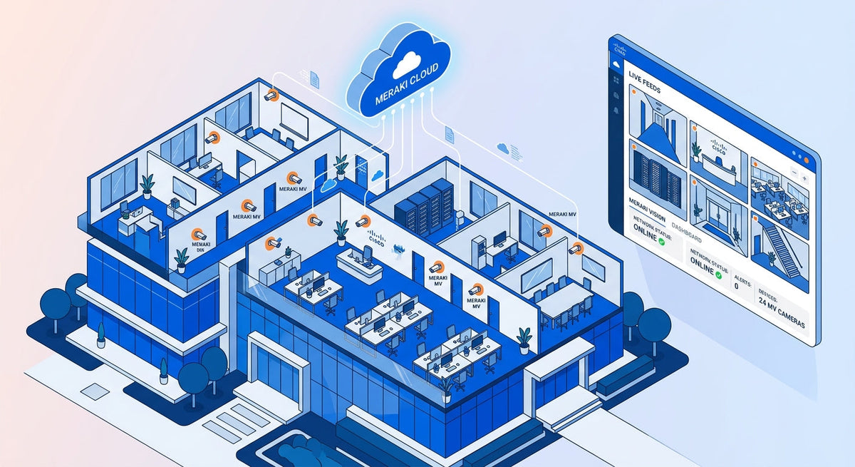 Isometric illustration of a smart office building with Cisco Meraki MV security cameras and cloud connectivity