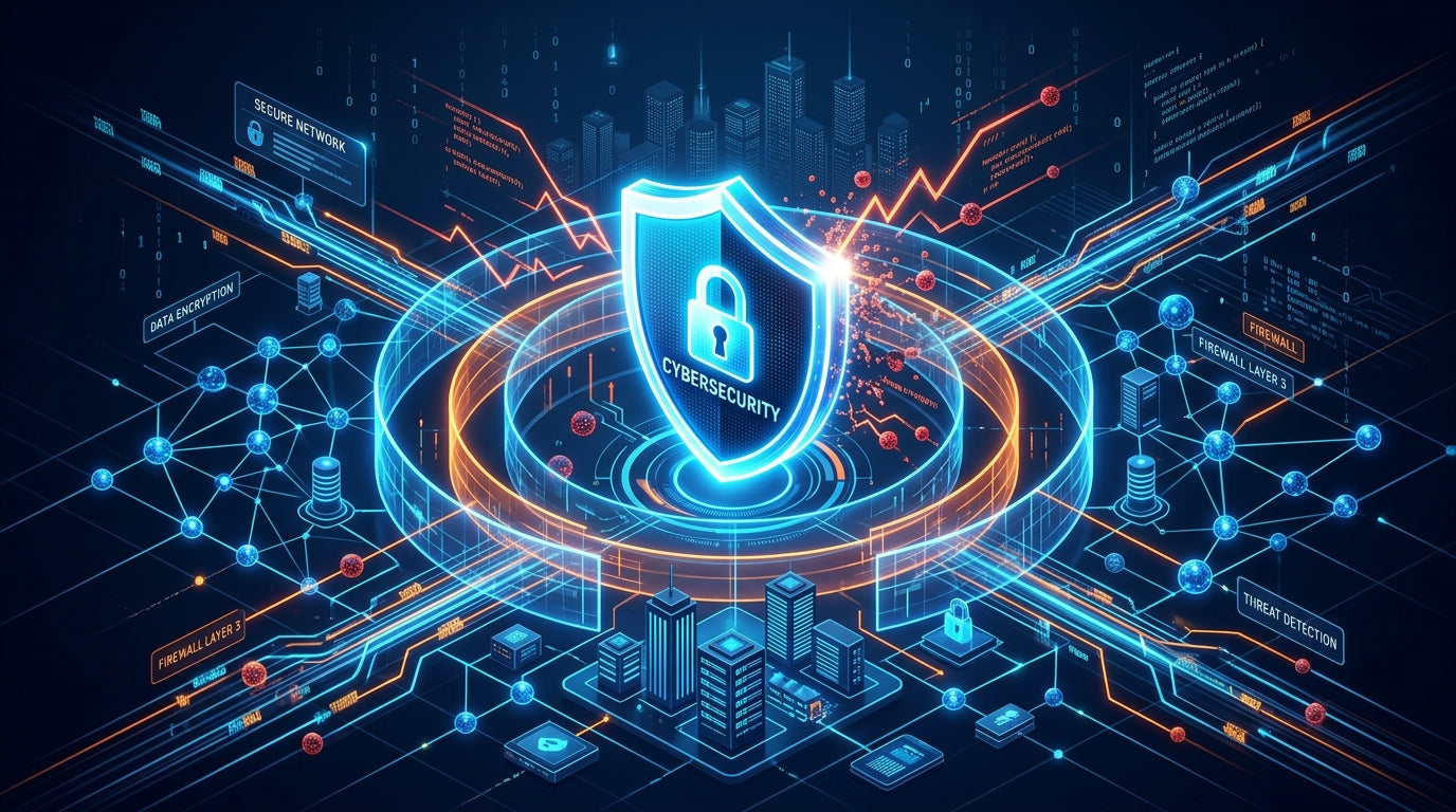 Abstract isometric illustration of a digital shield surrounded by network nodes representing Cisco Meraki MX security
