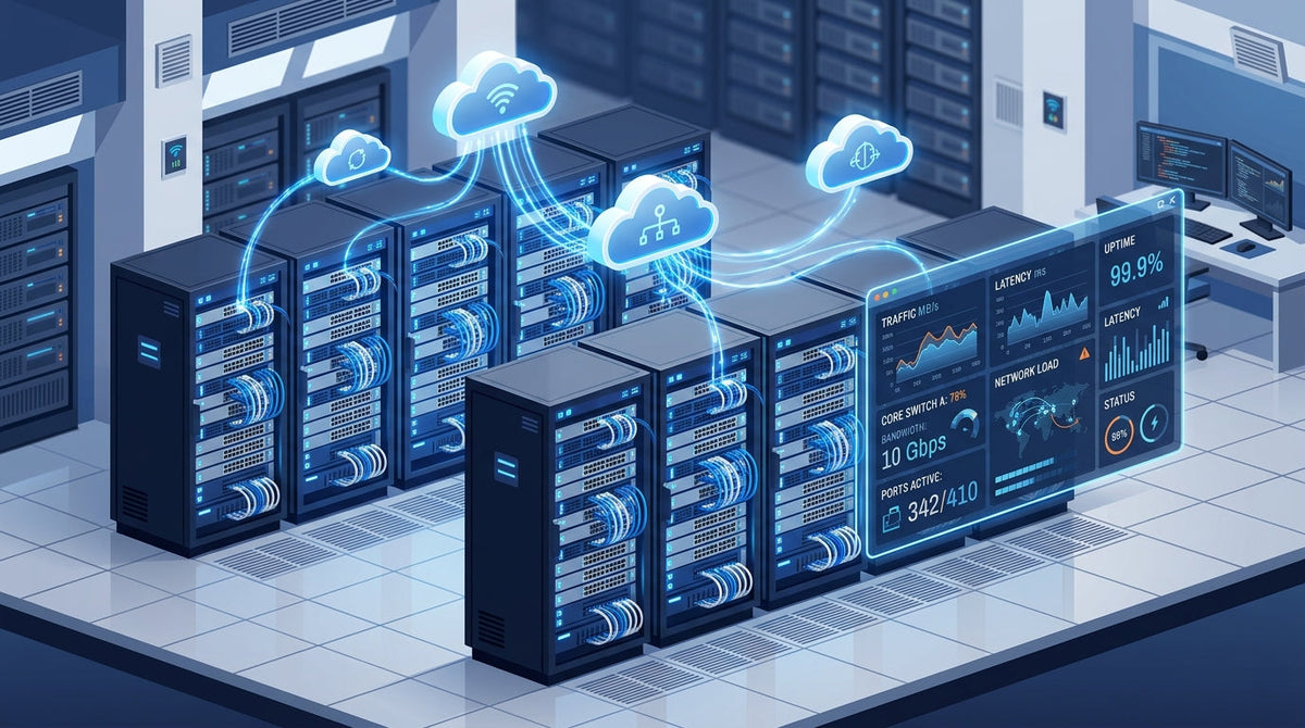 Isometric illustration of Cisco Meraki cloud-managed network switches in an enterprise server environment