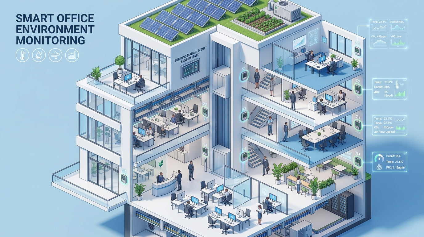 Isometric illustration of a smart office building with Meraki MT environmental sensors monitoring temperature, humidity, and air quality