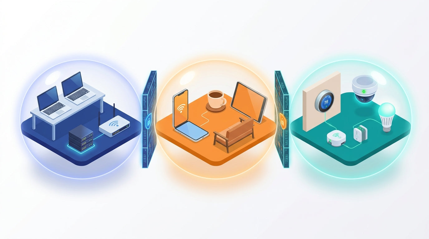 Isometric illustration of three isolated network zones for business, guest, and IoT traffic with Cisco Meraki