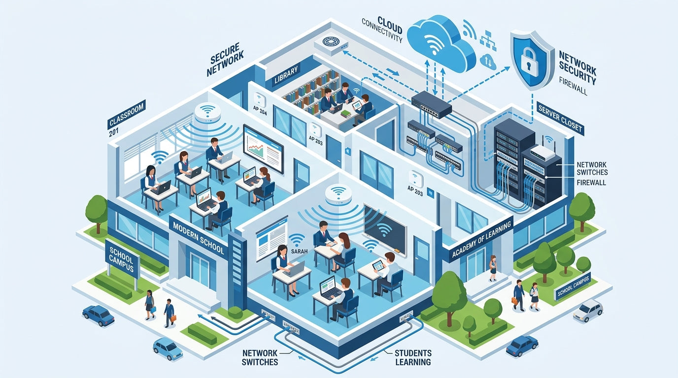 Isometric illustration of a school building with Cisco Meraki Wi-Fi access points, cloud connectivity, and network infrastructure