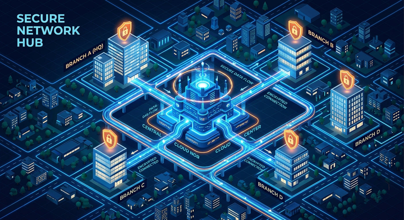 Isometric 3D illustration of Cisco Meraki SD-WAN connecting branch offices through a secure cloud network