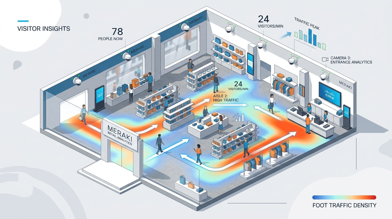 Meraki MV smart camera with AI-powered heatmap analytics overlay showing foot traffic patterns in a retail environment