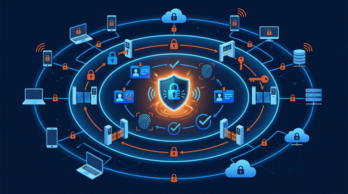 Zero Trust Network Security - concentric rings of protection with authentication checkpoints and encrypted connections