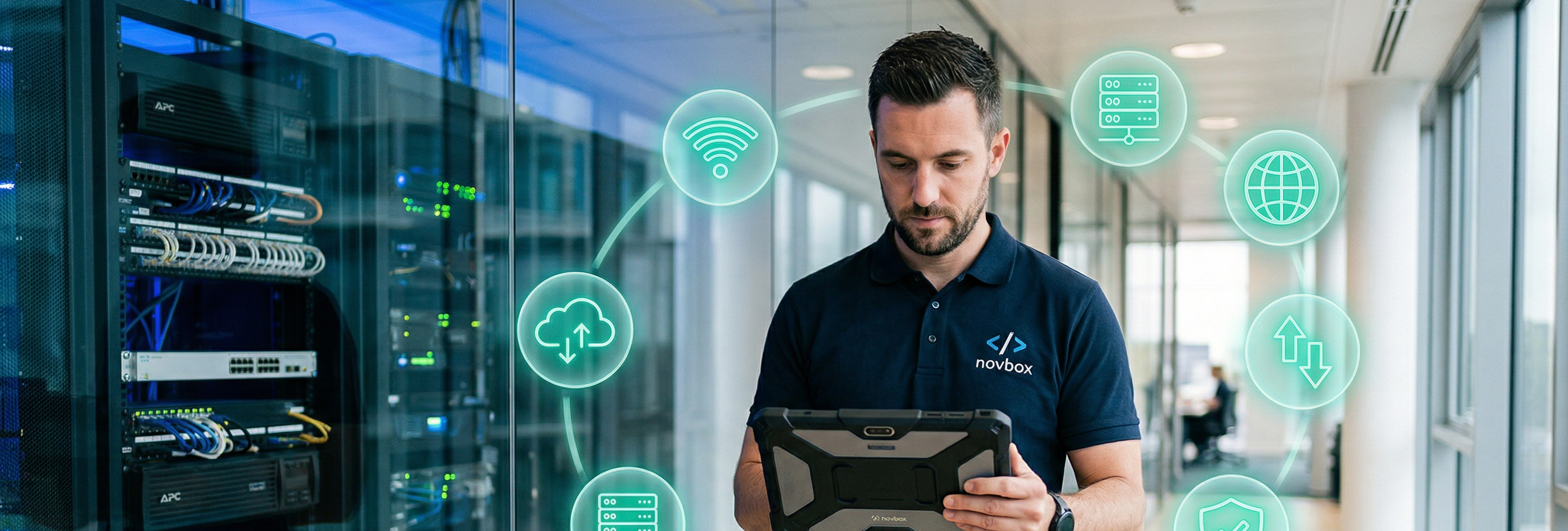 Novbox Homepage Hero - Man with tablet in server room
